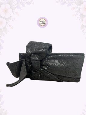 VTG Bags by Pinky Leather Statement Bow Clutch • 80s Black Floral Evening Bag